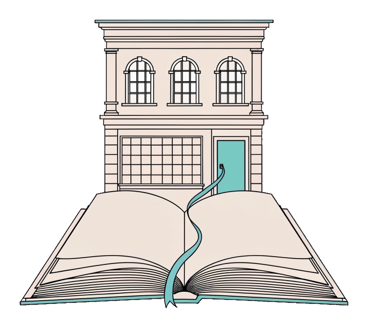 A small shopfront building behind an open ledger, joined by a teal ribbon bookmark